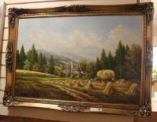 Helmut Glassl (20th century), Harvest landscape, signed, oil on canvas 60 x 90cm.