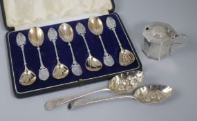 Two 19th century Bateman silver spoons, a silver mustard and set of American silver spoons.