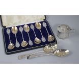 Two 19th century Bateman silver spoons, a silver mustard and set of American silver spoons.