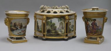 An English porcelain bough pot and two pastille burners, 19th century