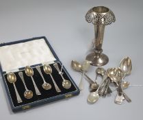 A pierced silver specimen vase (weighted), a set of 6 coffee spoons, cased and sundry silver