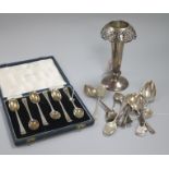 A pierced silver specimen vase (weighted), a set of 6 coffee spoons, cased and sundry silver