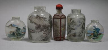 A collection of five Chinese interior-painted glass snuff bottles