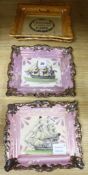 Two Sunderland pink lustre ship wall plaques and two Sunderland orange lustre wall plaques
