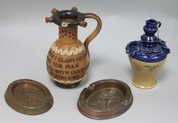 Doulton stoneware money box vase and motto vase and two Johnie Walker copper ashtrays