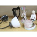Two cherub figurines, a candlestick and a trinket box, a ceramic shaded lamp and a harp