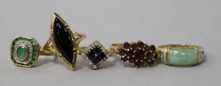 Five assorted 9ct gold and gem set dress rings.