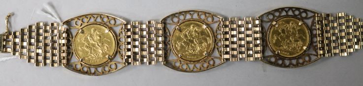 A 9ct gold bracelet inset with three Victorian gold sovereigns, 1883, 1884 and 1885.