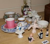 A Dresden cabinet cup and saucer and two Fairings "Oysters Sir?" and "The Tea Party", and four other