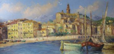 A. Abougitoil on canvasMediterreanean harbour scenesigned15.5 x 31in.