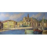 A. Abougitoil on canvasMediterreanean harbour scenesigned15.5 x 31in.