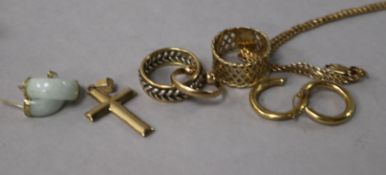 A 9ct gold bracelet, a 9ct gold cross pendant, a pair of 18ct gold earrings, one other pair or