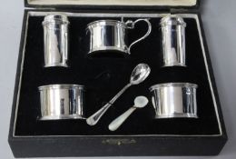 A cased George V silver five piece cruet set, by S. Blanckensee & Sons, Birmingham, 1932/33.
