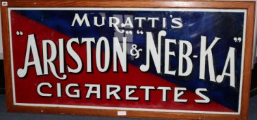A framed reverse glass advertising sign for Muratti's Ariston + Neb-Ka Cigarettes