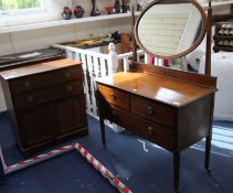 An Edwardian inlaid mahogany dressing table and matching cupboard W. 107cm dressing table, W.84cm