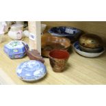 A Chinese blue and white seal paste box and cover, and other Oriental items