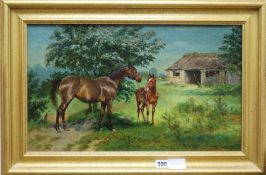 Wilson Heppleoil on canvasA chestnut mare with a foal in a fieldsigned11.5 x 19.5in.