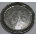 A Chinese pewter tray, engraved with dragons