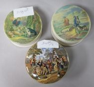 Three pot lids "The Village Wedding" and two others, the latter restored