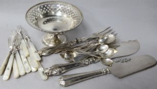 A sterling silver bon bon dish, eight sterling coffee spoons and assorted plated cutlery.