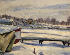 D. Friefeldtoil on canvas,Winter lake under snow, Stockholm,signed and dated 1950,13.5 x 17in.