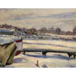 D. Friefeldtoil on canvas,Winter lake under snow, Stockholm,signed and dated 1950,13.5 x 17in.