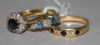 Three assorted 18ct gold, sapphire and diamond dress ring, including half hoop, gypsy set and