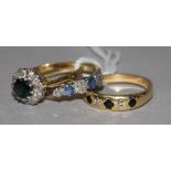 Three assorted 18ct gold, sapphire and diamond dress ring, including half hoop, gypsy set and