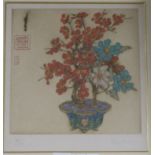 Elyse Ashe Lord (1970-1971), etching and aquatint, flowering bonsai in a decorative planter,