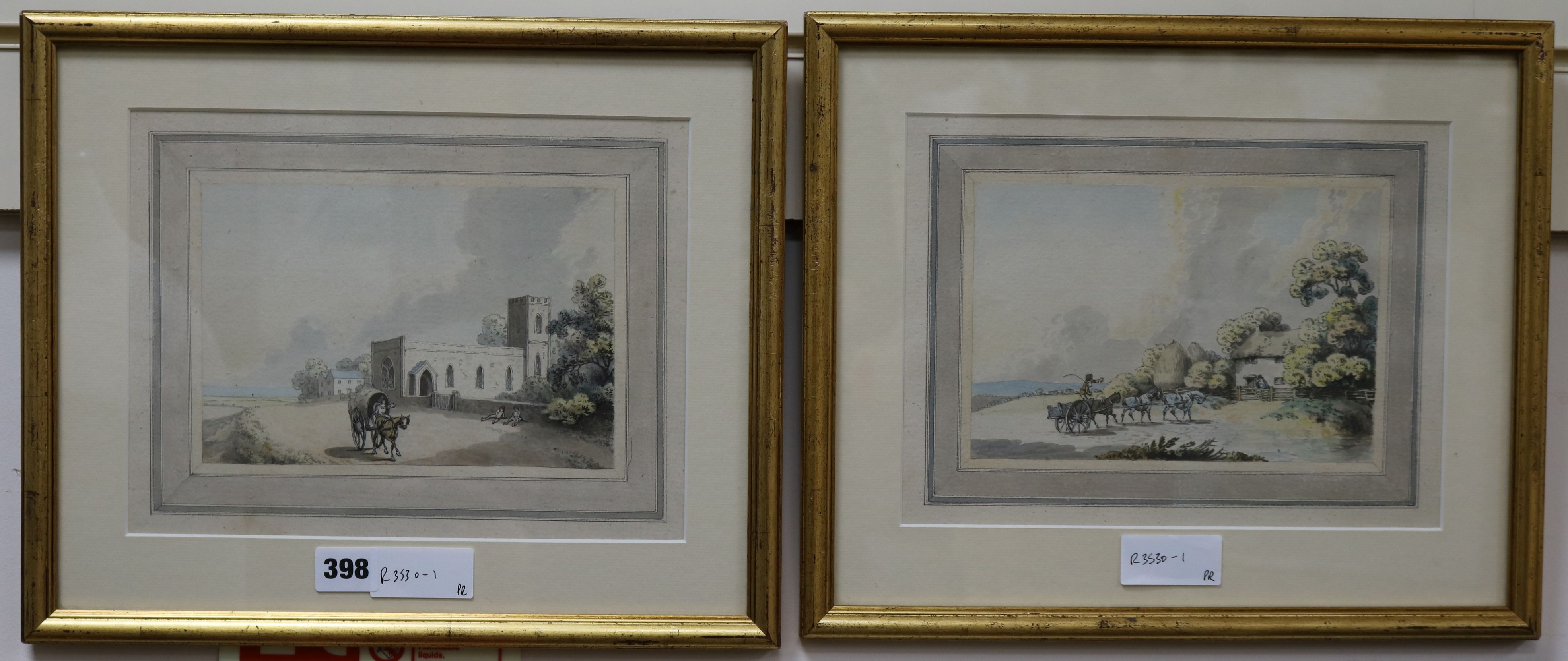 Samuel Hewittpair of ink and watercolour drawingsCarters passing a church and cottage5.5 x 8in.