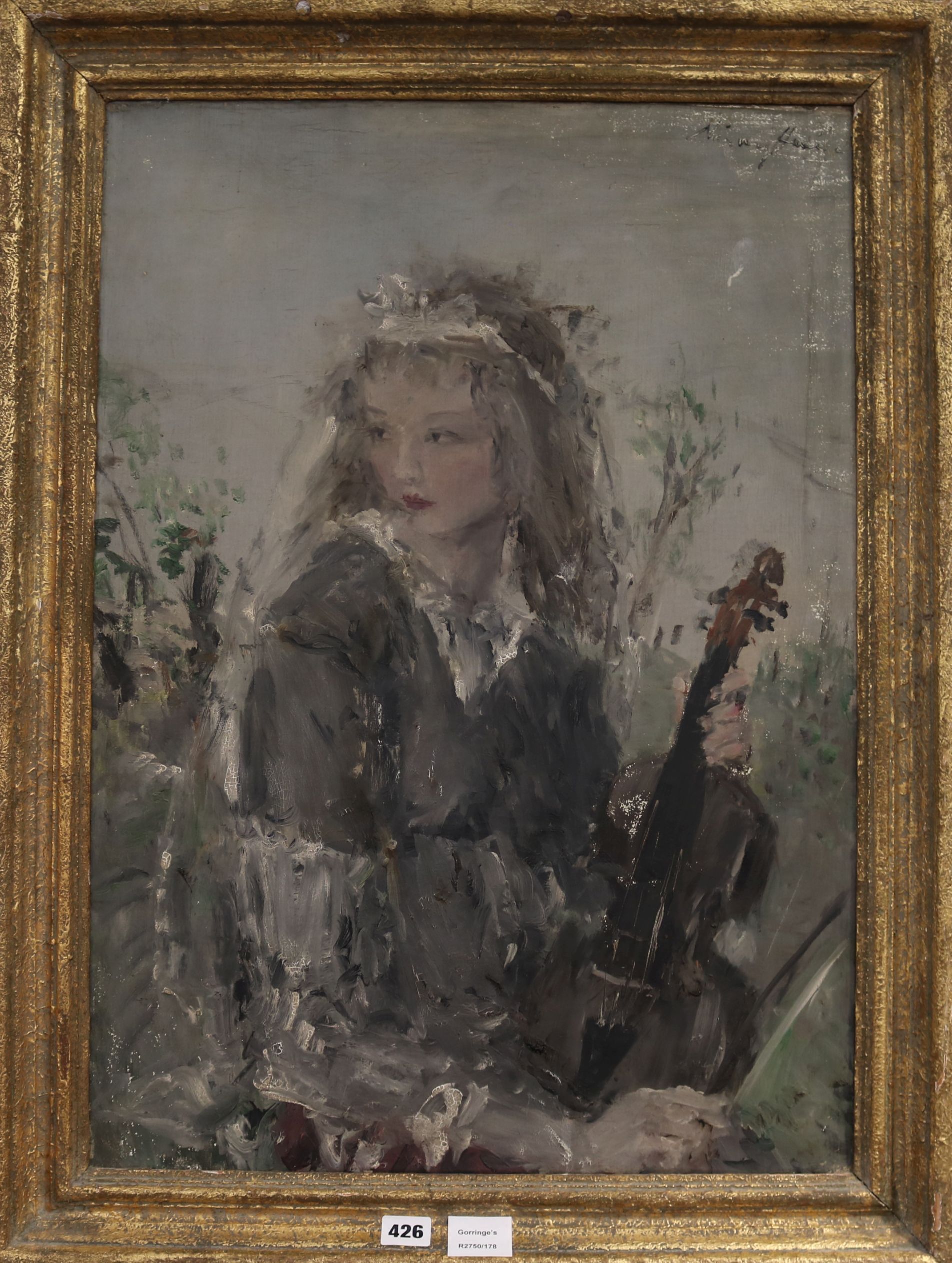 20th century English School, oil on canvas, Portrait of a girl holding a violin, indistinctly