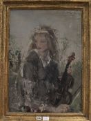 20th century English School, oil on canvas, Portrait of a girl holding a violin, indistinctly