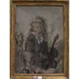 20th century English School, oil on canvas, Portrait of a girl holding a violin, indistinctly