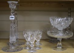 A pair of cut glass candlesticks and other cut glass