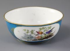 A Sevres style bleu celeste ornithological bowl, possibly a later decorated Sevres blank, diameter