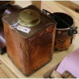 A vintage copper square canister with brass screw-on cover and a copper swing-handled cooking pot