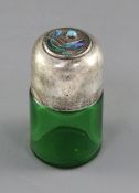 An Edwardian Art Nouveau Liberty & Co. Cymric silver and enamel mounted green glass salts bottle