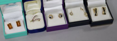 Five pairs of assorted gold and gem set earrings, to include four 9ct and one 10ct.