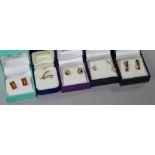 Five pairs of assorted gold and gem set earrings, to include four 9ct and one 10ct.