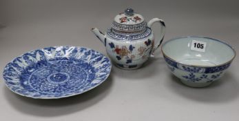 18th century Chinese porcelain: a blue and white plate, a bowl and an Imari teapot and cover