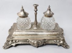 A Victorian silver rectangular inkstand by Roberts & Belk, Sheffield, 1866, with engraved