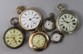 Two silver pocket/fob watches, a silver wrist watch, two gold plated Waltham pocket watches and