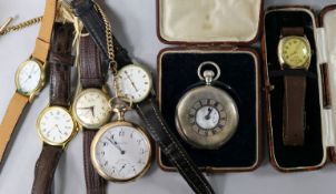 A gentleman's gold wrist watch, a gold plated pocket watch, a JW Benson silver pocket watch and four