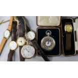 A gentleman's gold wrist watch, a gold plated pocket watch, a JW Benson silver pocket watch and four
