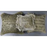 An 1849 baby pin cushion in cream silk and two similar pin cushions