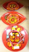 Nine Poole Pottery Delphis red ground dishes including four shape 91's.