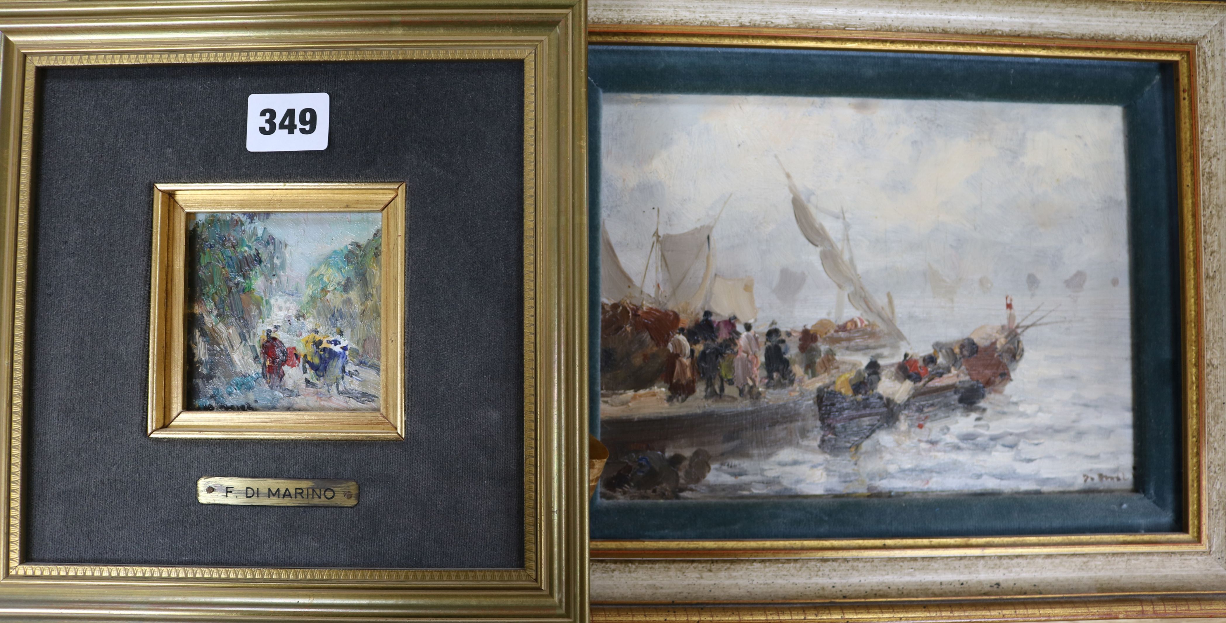 Francesco di Marinotwo oilsFisherfolk on the wharf and Street scene6.5 x 9in. and 3 x 3in.