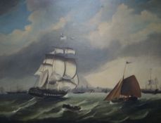 English Schooloil on canvasShipping off the coast including an American frigate27 x 34.5in.