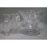 A heavy cut glass fruit bowl and a pair of cut glass jugs (3)