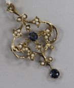 A 9ct gold seed pearl and blue zircon drop pendant